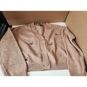 Witty Fox Camel Colored Button Up Crop Cardigan With Butterfly Embroidery Size L